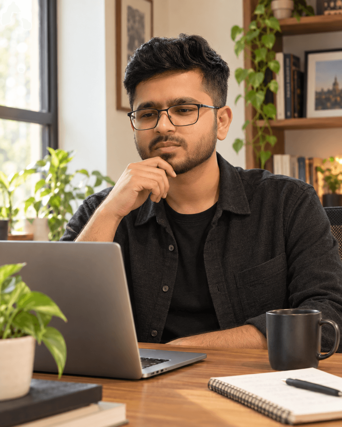 Rohit Choukiker working thoughtfully at a laptop in his workspace
